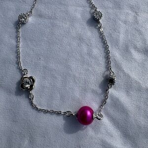 Women's .925 Silver Chain bracelet with Fuchsia Pink Bead